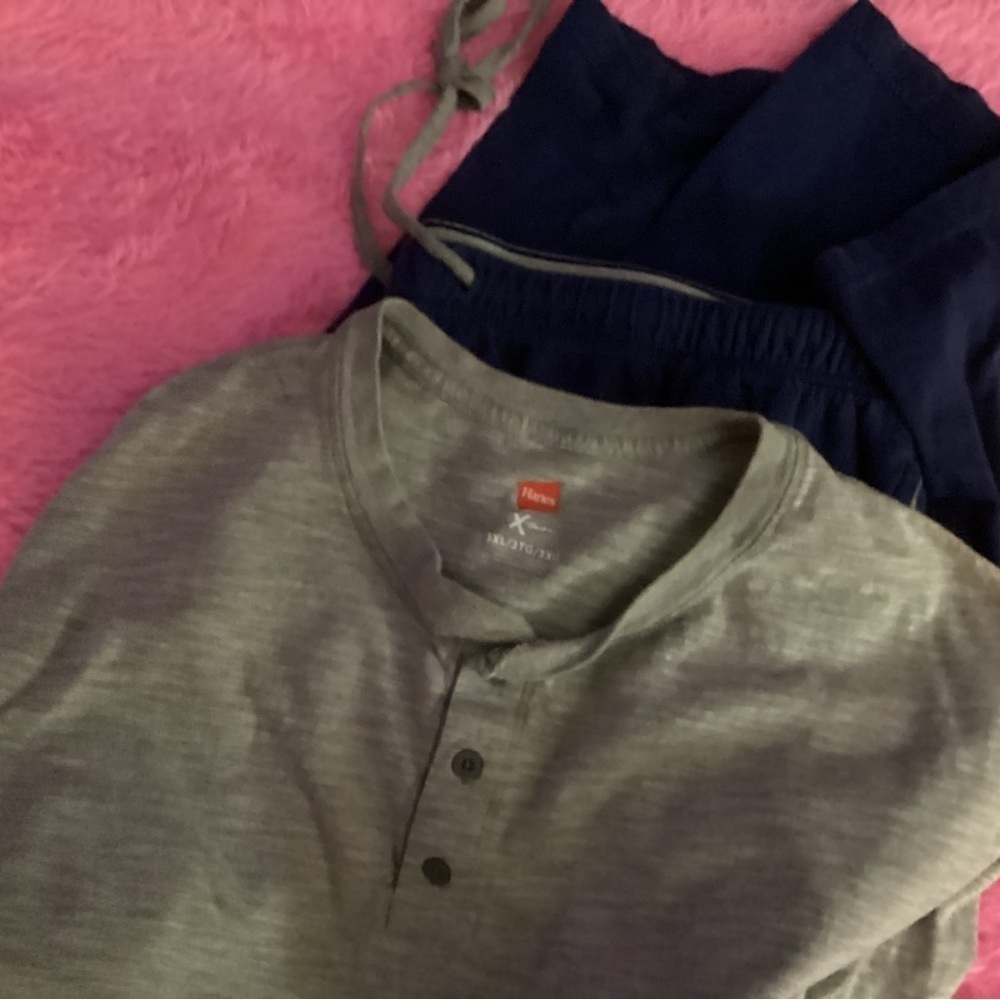 HANES MENS 3X PAJAMAS BLUE DRW STRING PANTS WITH GRAY LONG SLEEVE 3 BUTTON SHIRT